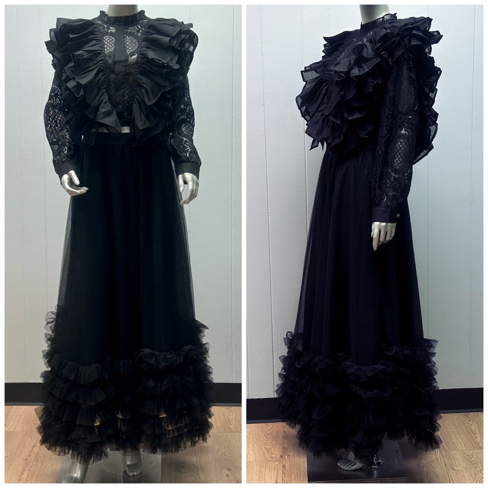 Midnight Romance Black Tiered Ruffle Embroidered Lace Top & Skirt Set